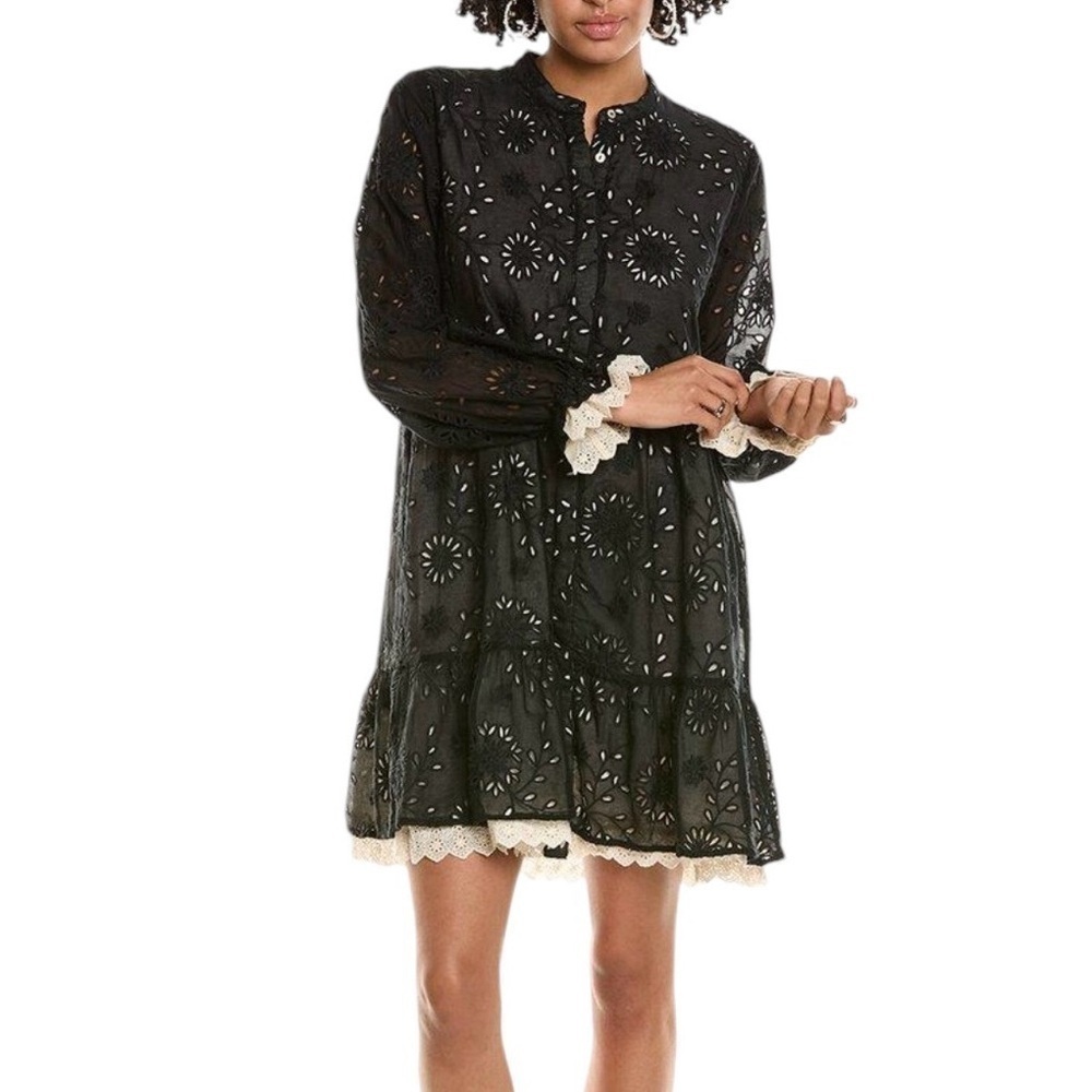 JOHNNY WAS JADE Skygazer Floral Cotton & Silk Eyelet Lace Long Sleeve Mini Dress